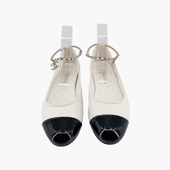 Chanel CC Camellia Ankle Chain White Cap Toe Ballet Flats Size 37.5 US 6.5-7 - Picture 3 of 15
